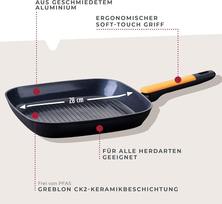 Fackelmann Grillpfanne Soft – Ø 28 cm aus geschmiedetem Aluminium, mit Greblon CK2 Ceramic Beschicht