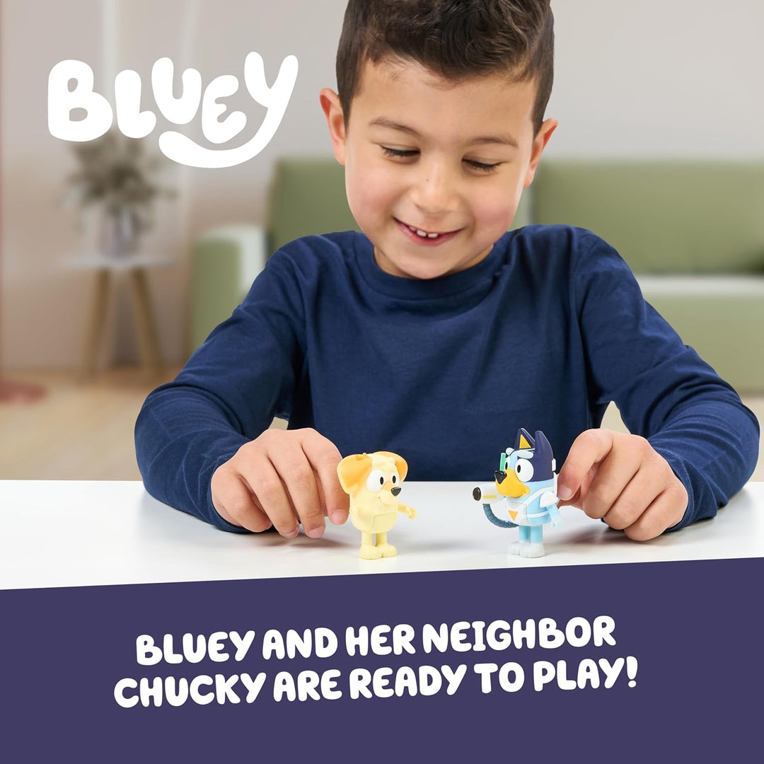Bluey Figure 2-Pack - Surprise Blaster Suit Pack, 6.35 cm Figures of Bluey and Neighbor Chucky, Recr