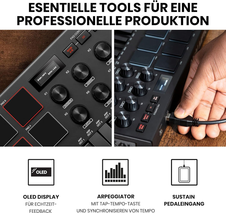 AKAI Professional MPK Mini MK3 – 25-Tasten USB MIDI Keyboard Controller, 8 hintergrundbeleuchtete Dr