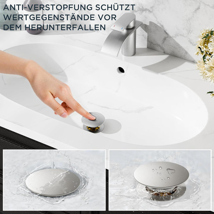 FORIOUS Wasserhahn Bad mit Ablaufgarnitur, Edelstahl Wasserfall Waschbeckenarmatur mit Auslaufhöhe 8