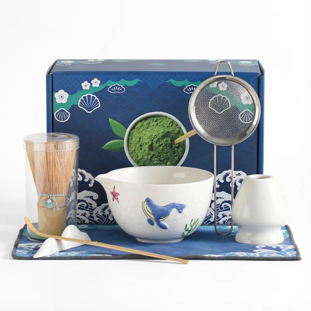 Japanisches Matcha-Tee-Set, 7-teilig, Keramik-Matchaschale mit Wal-Motiv, Bambus-Besen, Whisk-Halter