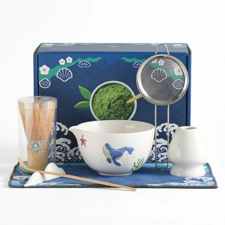 Japanisches Matcha-Tee-Set, 7-teilig, Keramik-Matchaschale mit Wal-Motiv, Bambus-Besen, Whisk-Halter