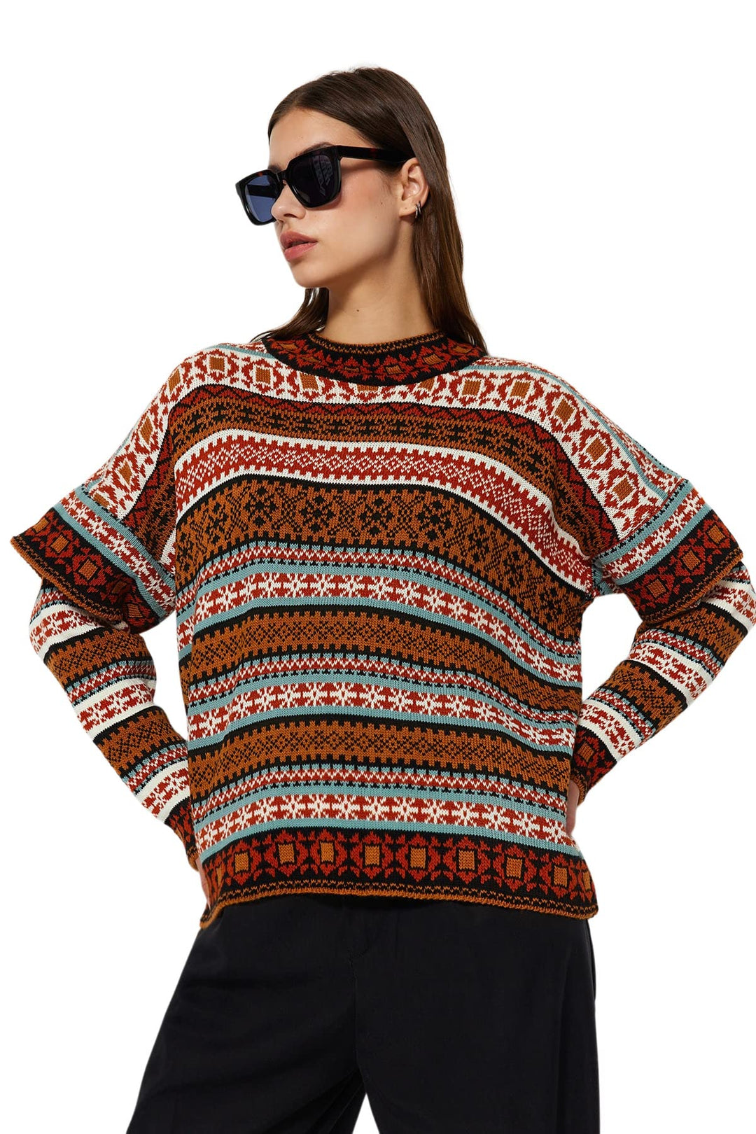 TRENDYOL Damen Oversize Basic Standing Collar Knitwear Sweater Pullover M Camel, M Camel