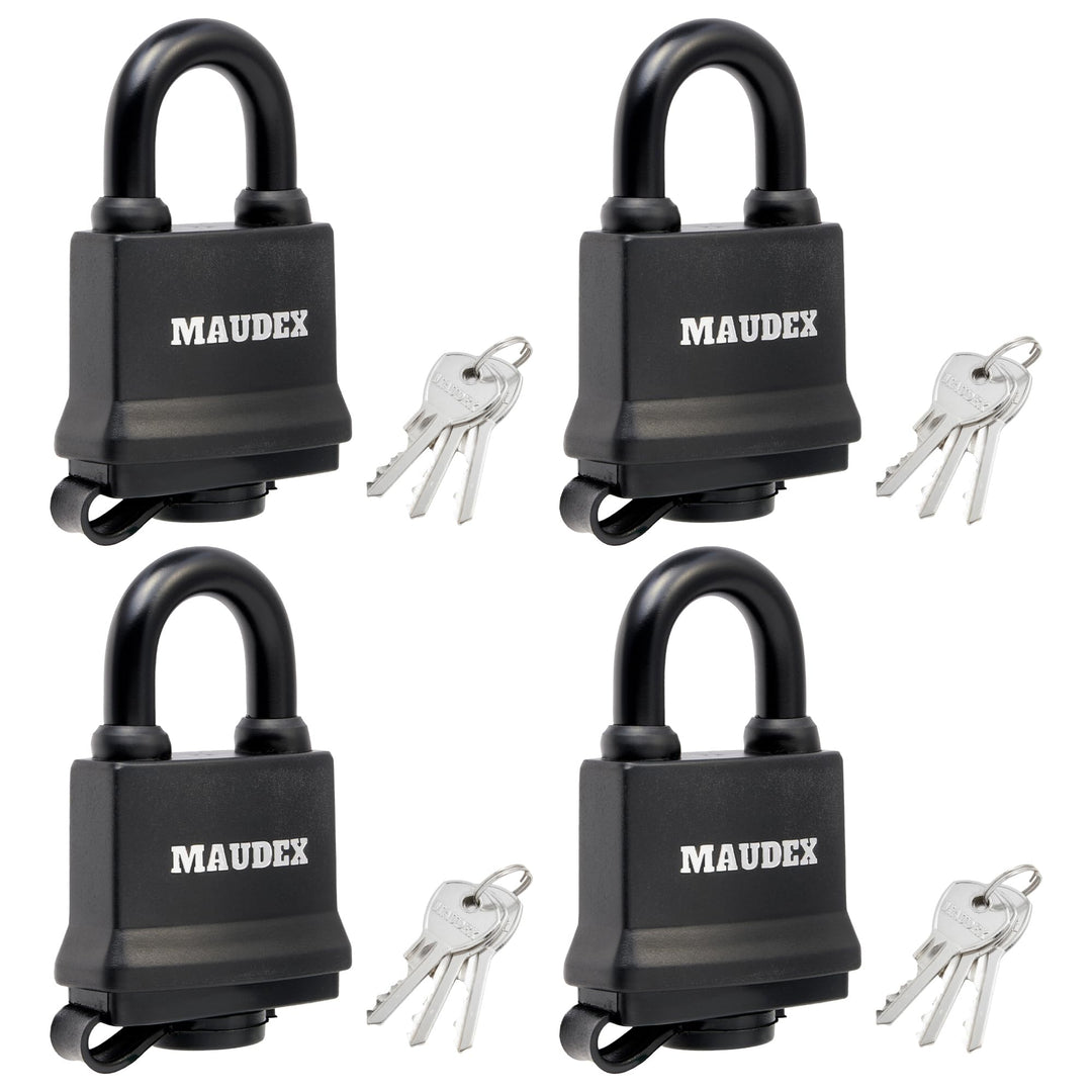 Maudex® IP450 Schwerlast Wasserdichtes Outdoor Vorhängeschloss mit 12 Schlüssel - 4er Set, 9 mm Schn