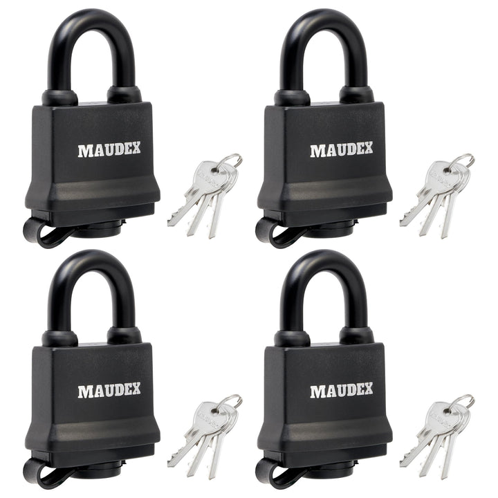Maudex® IP450 Schwerlast Wasserdichtes Outdoor Vorhängeschloss mit 12 Schlüssel - 4er Set, 9 mm Schn