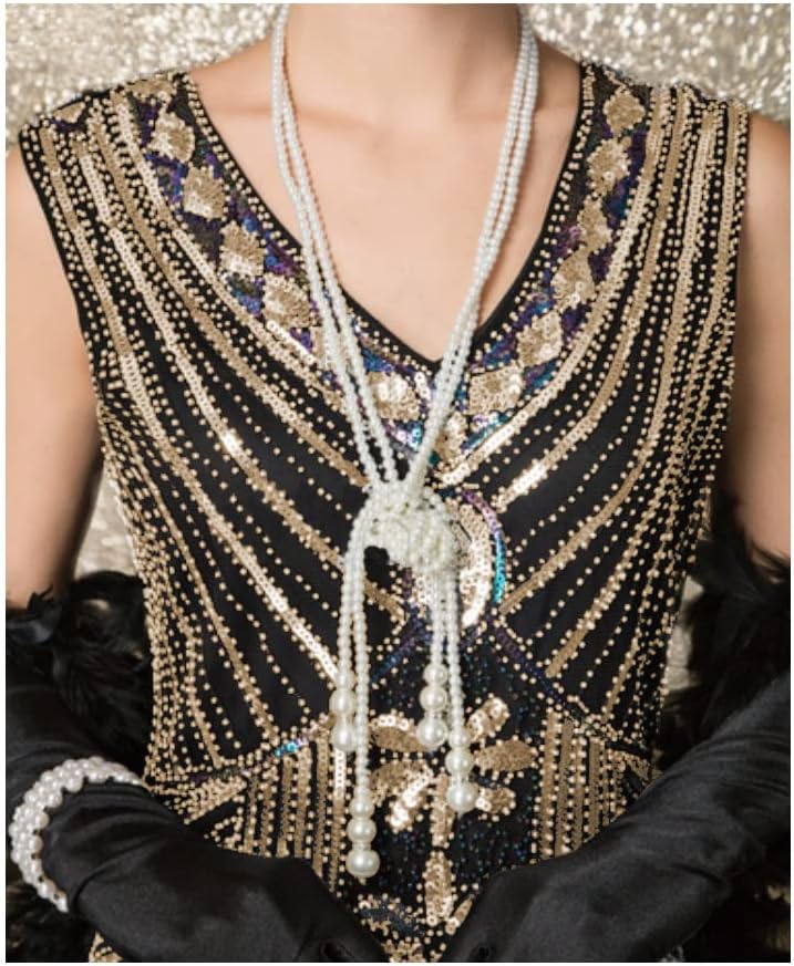 MIMIKRY 20er Jahre Charleston Pailletten Kleid Schwarz/Gold/Multicolor mit Fransen Flapper Damen-Kos