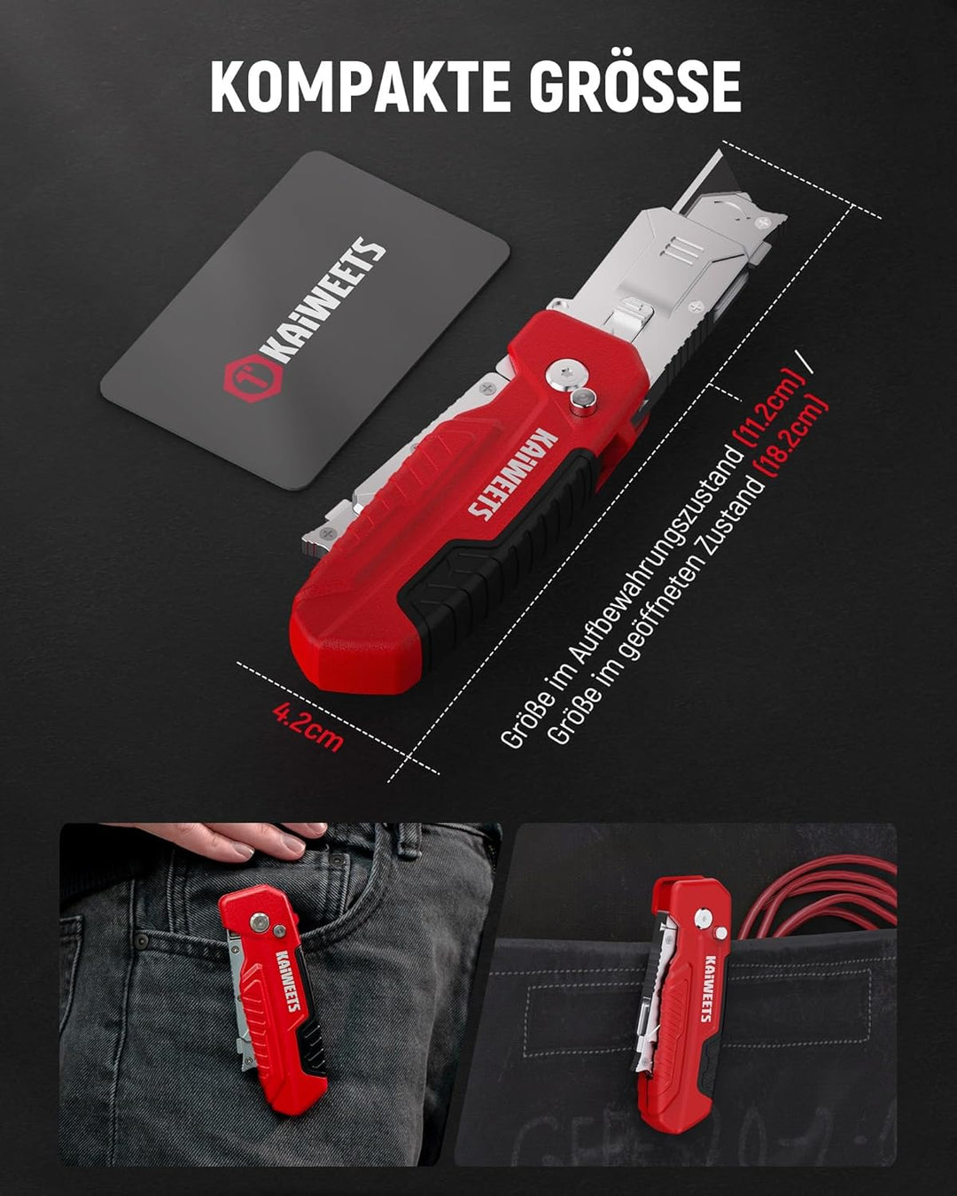 KAIWEETS 2-in-1 Cutter-Messer mit Schaber, Klappbares Universalmesser mit 3-Winkel-Verriegelung, Zin