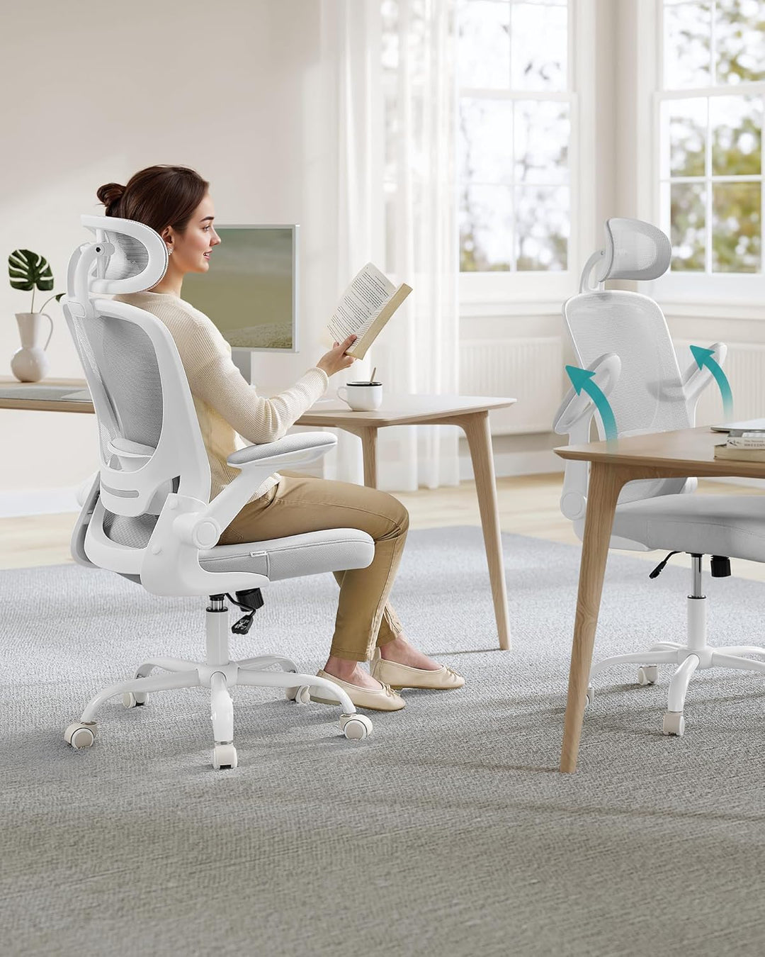 SONGMICS Bürostuhl ergonomisch, Drehstuhl mit Mesh, Lenden- und Kopfstütze, Wippfunktion, 53 cm gros