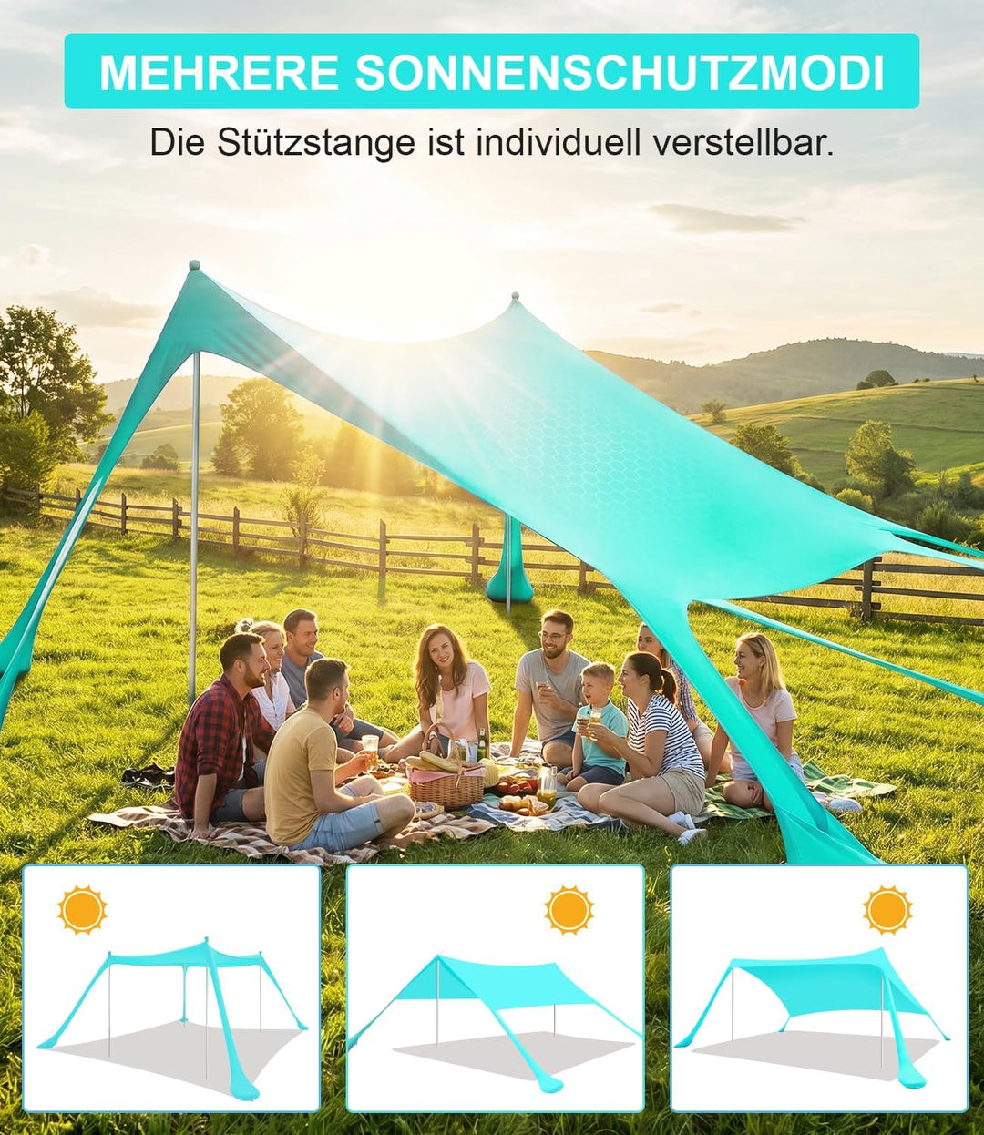 UV Strandzelt UPF50+, 3m x 3m Strandzelt Sonnenschutz Sonnensegel mit 8 Sandsäcken und 2 Sandschaufe