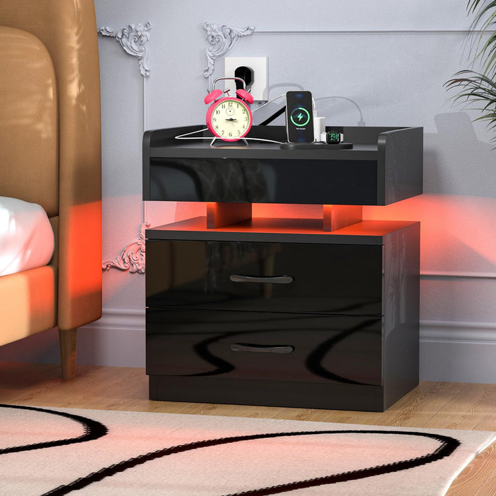 Nachttisch Schwarz mit Steckdose, Nachtschrank mit Ladestation und USB Anschlüsse, Nachttisch mit LE