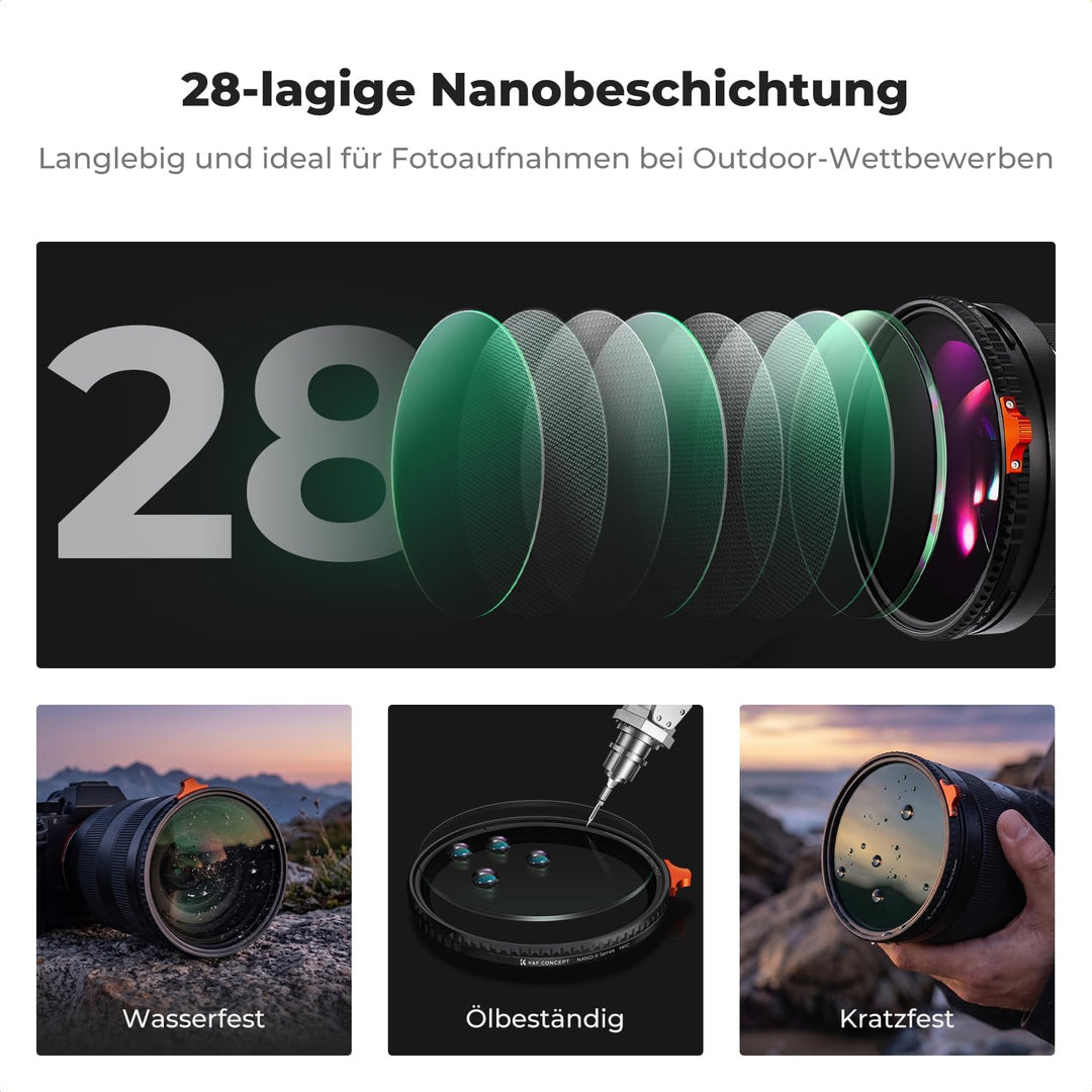 K&F CONCEPT Ultra-niedrige Reflexion ND Filter 62mm Variabler ND2-400 Graufilter (1-9 Blendenstufen)