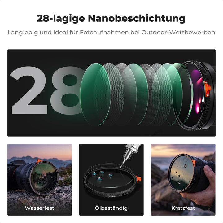 K&F CONCEPT Ultra-niedrige Reflexion ND Filter 67mm Variabler ND2-400 Graufilter (1-9 Blendenstufen)