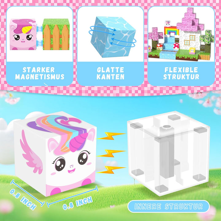 Magnetische Bausteine 100PCS - Baue Dein Magisches Einhorn mit Wald, Tieren, Prinzessin & Schloss! F