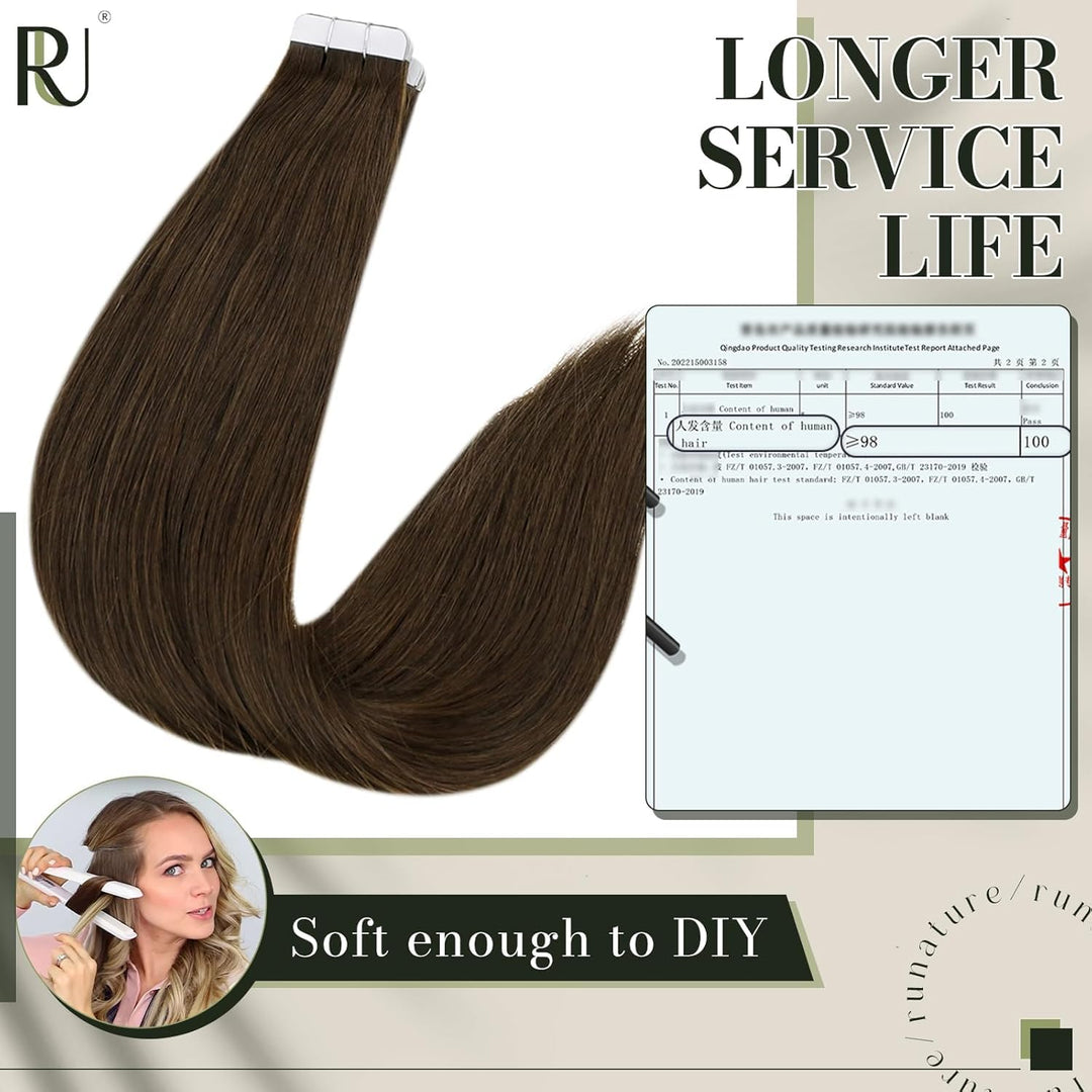 RUNATURE Tape in Extensions Echthaar Braun Kurz 30cm Haarverlängerung Tape Echthaar Braun 20 Stück 4