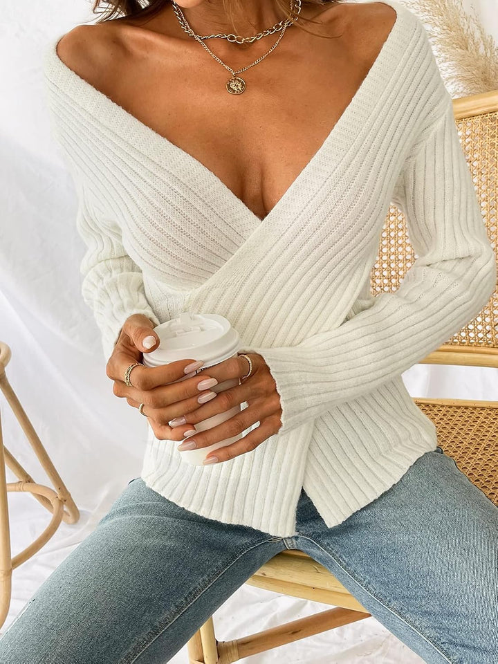 CUPSHE Damen Strickpullover V-Ausschnitt Wickeloptik Langarm Crossover Feinstrick Pulli Wickeloberte