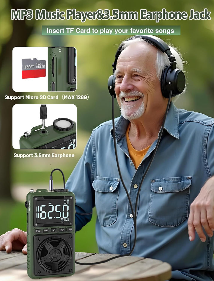 Bluetooth AM FM Kurzwellenradio mit NOAA Wetteralarm, 1250 mAh, wiederaufladbares, tragbares Taschen