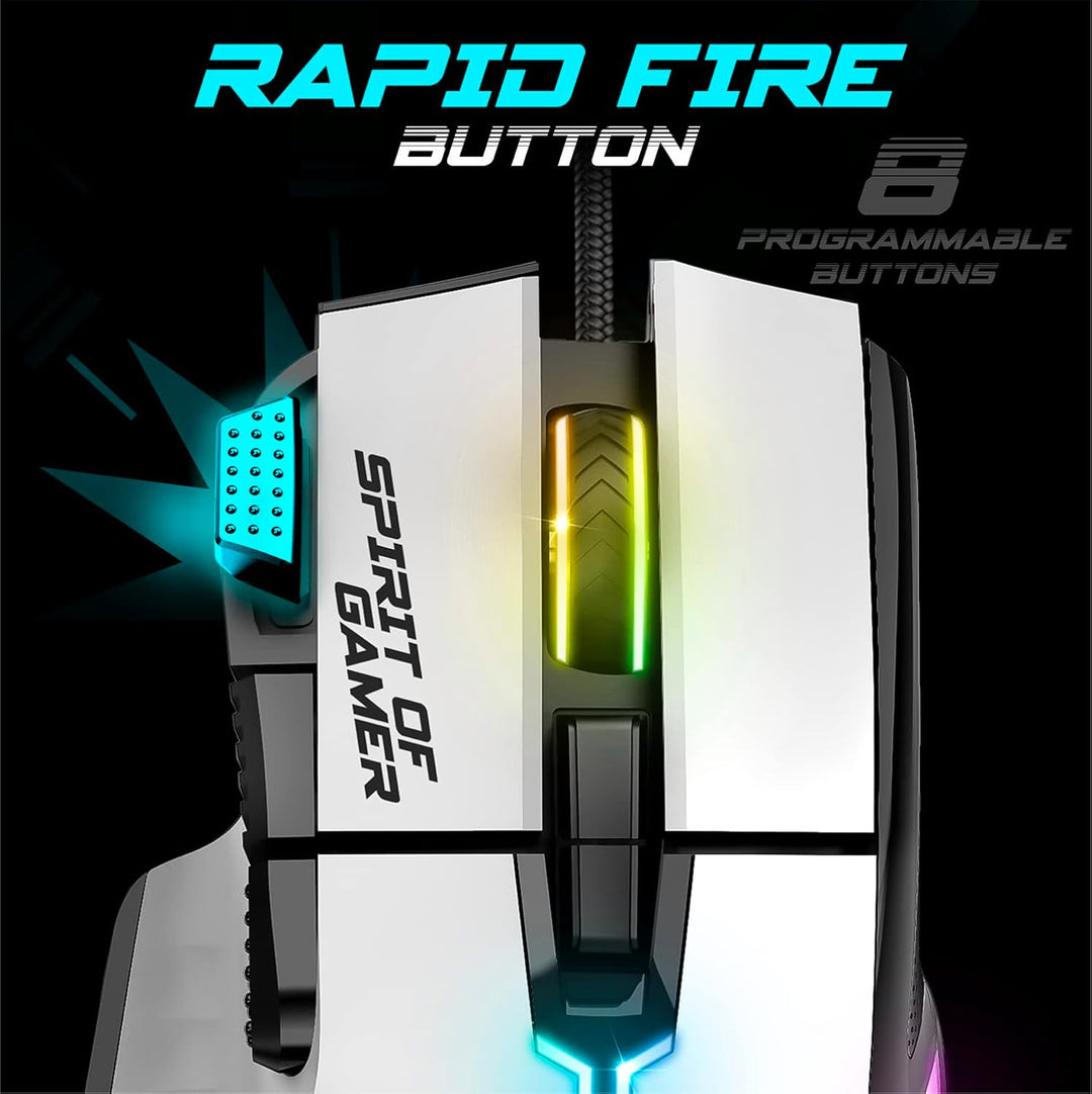 SPIRIT OF GAMER | Weiss Gaming Maus PC mit 12800 DPI | RGB Maus mit 8 Programmierbaren Tasten darunt