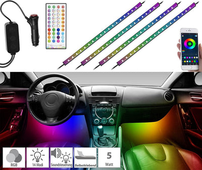 Lescars Auto LED: 4er-Set Kfz-LED-RGB-Streifen mit Fernbedienung, Bluetooth, App (Auto Innenbeleucht