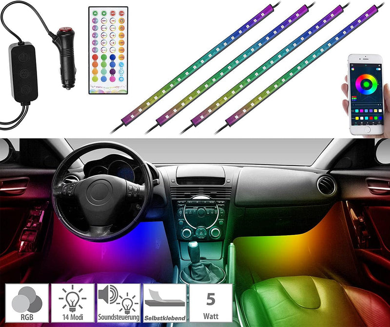 Lescars Auto LED: 4er-Set Kfz-LED-RGB-Streifen mit Fernbedienung, Bluetooth, App (Auto Innenbeleucht