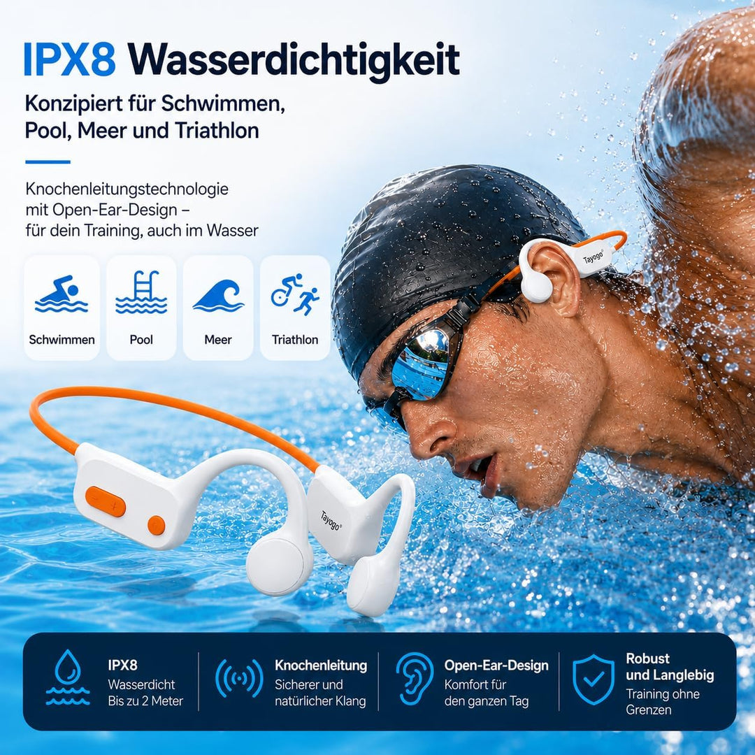 Tayogo Knochenschall Kopfhörer – Wasserdichte Schwimmkopfhörer mit Bluetooth &amp; 32GB MP3, IPX68 Unter