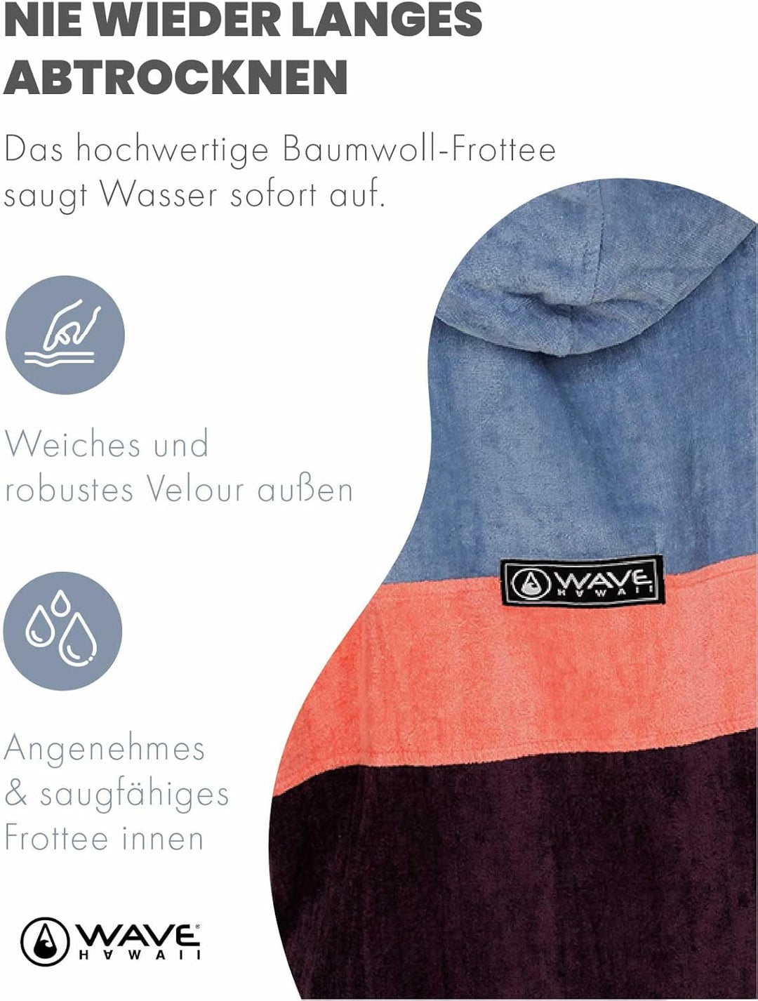 WAVE HAWAII Barravento Surfponcho für Körpergrössen 160-190 cm Poncho 100% ÖKO Baumwolle Velours Umk