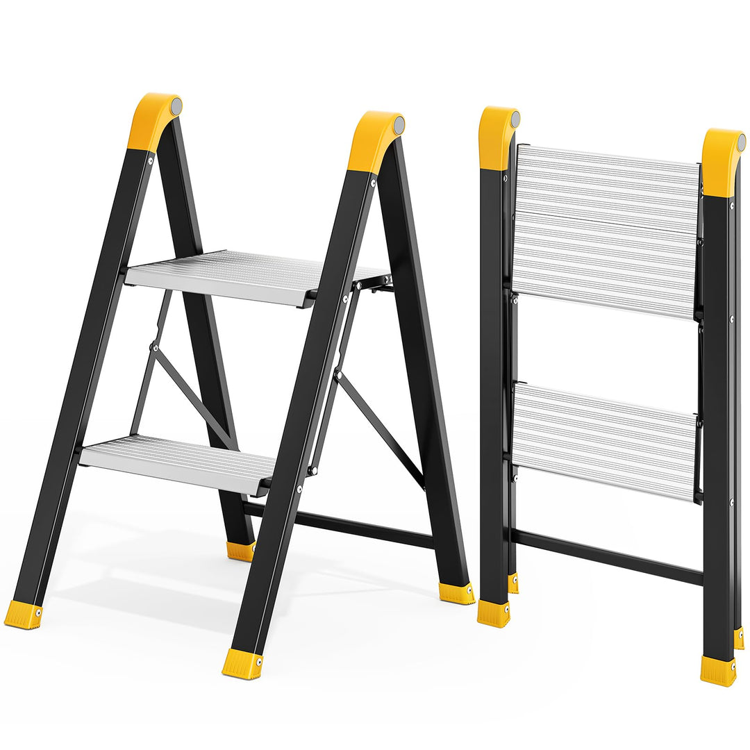 KINGRACK Trittleiter 2 Stufen Klappbar, Tritthocker aus Aluminium &amp; Stahl | Klapptritt mit Breite ru