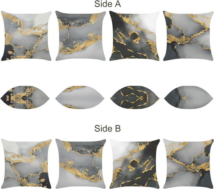 Bonhause 4er Set Kissenbezüge Marmor Grau 45 x 45 cm Doppelseitig Schwarz Gold Abstrakte Kunst Samt