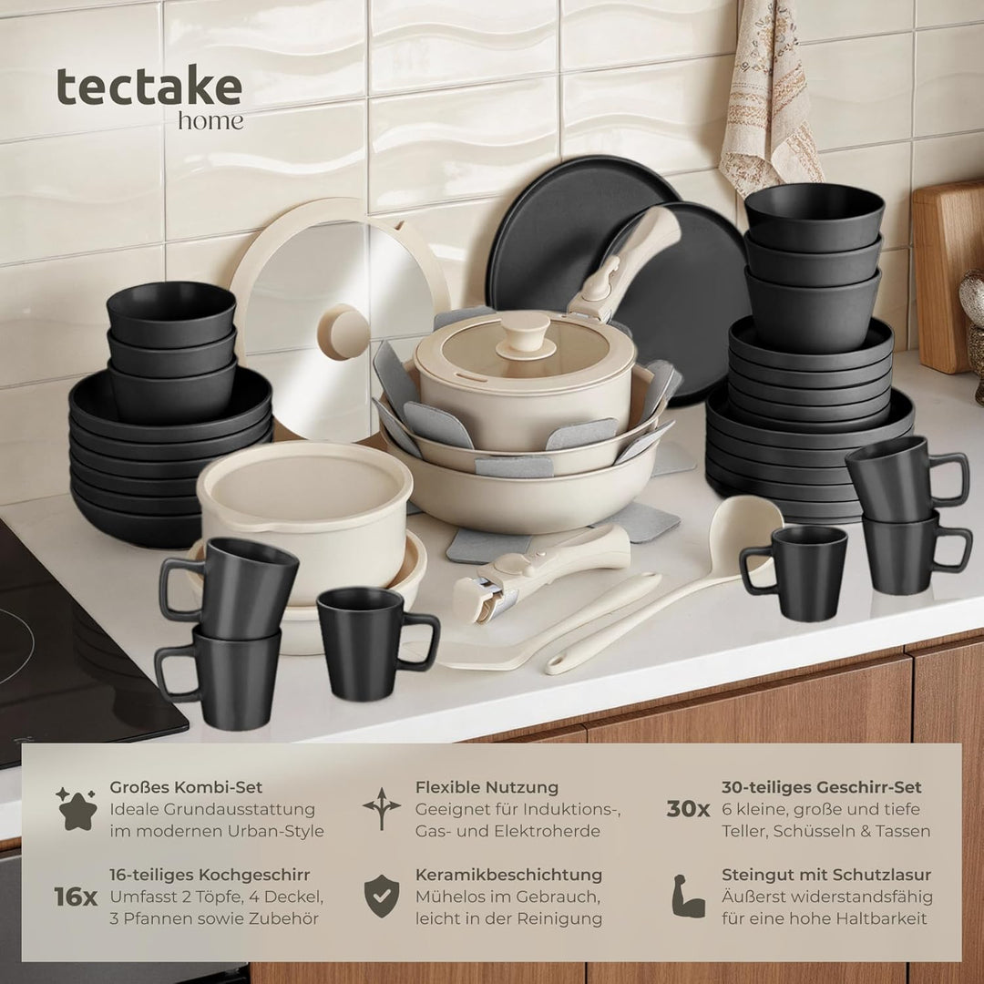 tectake® Küchenstarterset 6 Personen, Steingut Geschirr Set, Teller, 3 Pfannen, 2 Töpfe, rostfreies