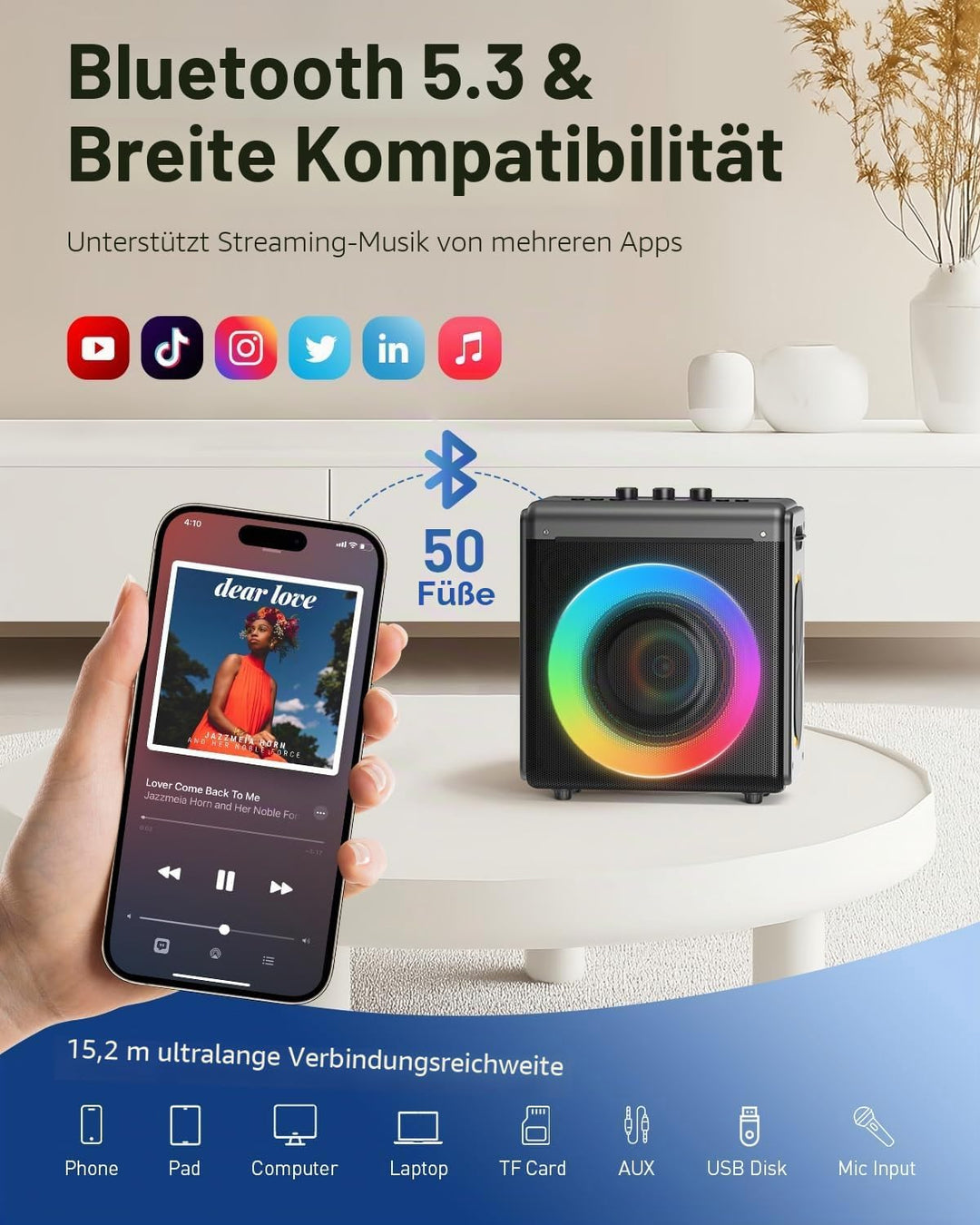Karaoke Maschine mit 2 mikrofonen, wiederaufladbaren Mikrofonen: Tragbarer Bluetooth-Lautsprecher fü
