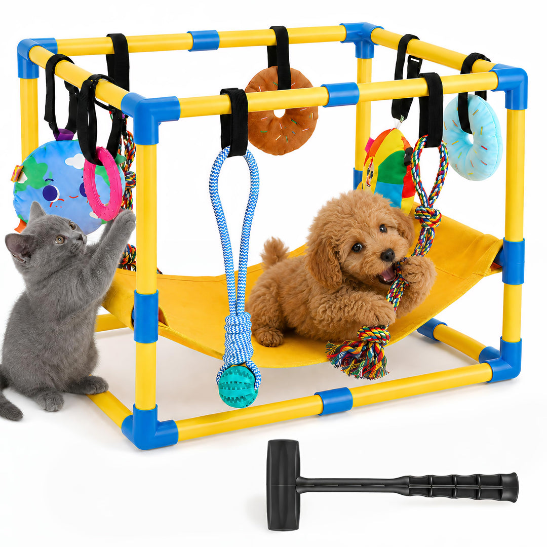 Welpen Spielgerüst Welpenspielstudio mit 8 hängenden Spielzeugen Wurfbox | für kleine Hunde Indoor S