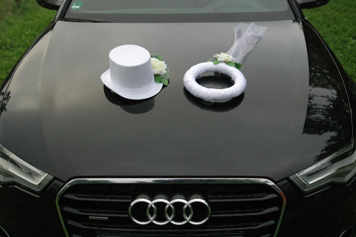 Schleier UND Hut Autoschmuck Rose Car Dekoration Hochzeit Wedding ®Auto-schmuck (Ecru/Weiss) Ecru /