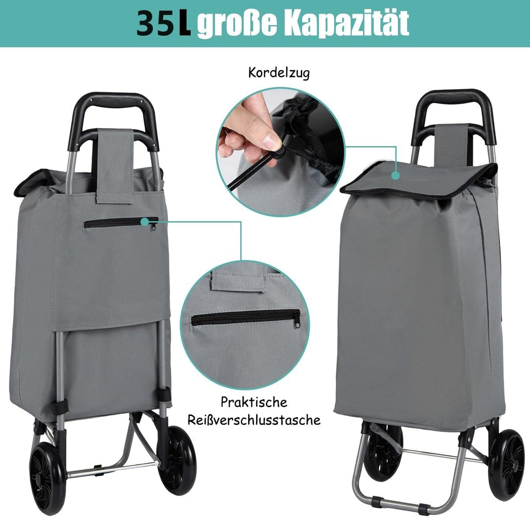COSTWAY 35L Einkaufstrolley klappbar, Einkaufswagen mit Rollen, Einkaufsroller mit abnembarer Einkau