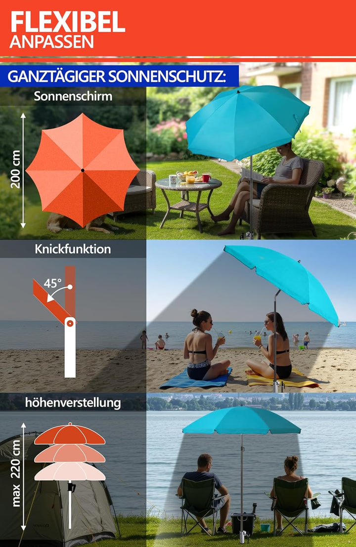 4smile Sonnenschirm Strand SET mit Eindrehbodenhülse, Ø 200 cm, Türkis | Strandschirm Windfest Stabi
