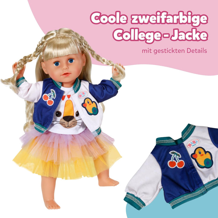 BABY Born Tutu-Outfit - Mit Buntem Tutu-Rock, T-Shirt &amp; Jacke im College-Stil - Hochwertiges Puppenz