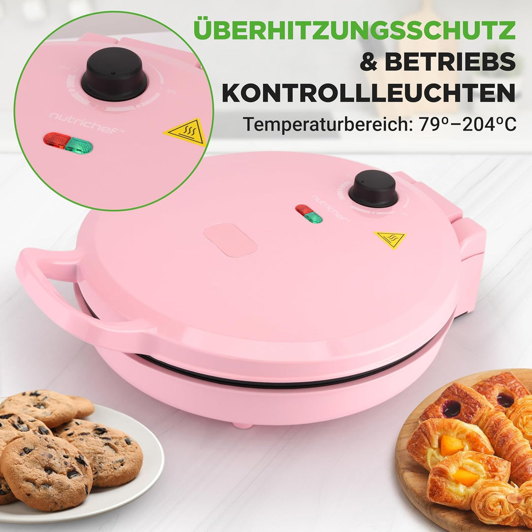 NutriChef Elektrischer Pizzaofen Pink – 1500W Kompaktgerät für 30cm Pizza Antihaftplatte für Pizza,