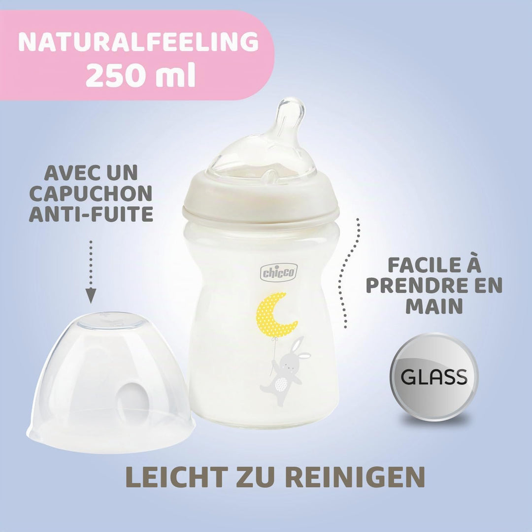 Chicco Natural Feeling Anti-Kolik Babyflasche für 0+ Monate, 250 ml, mit Weichem Silikonsauger und D