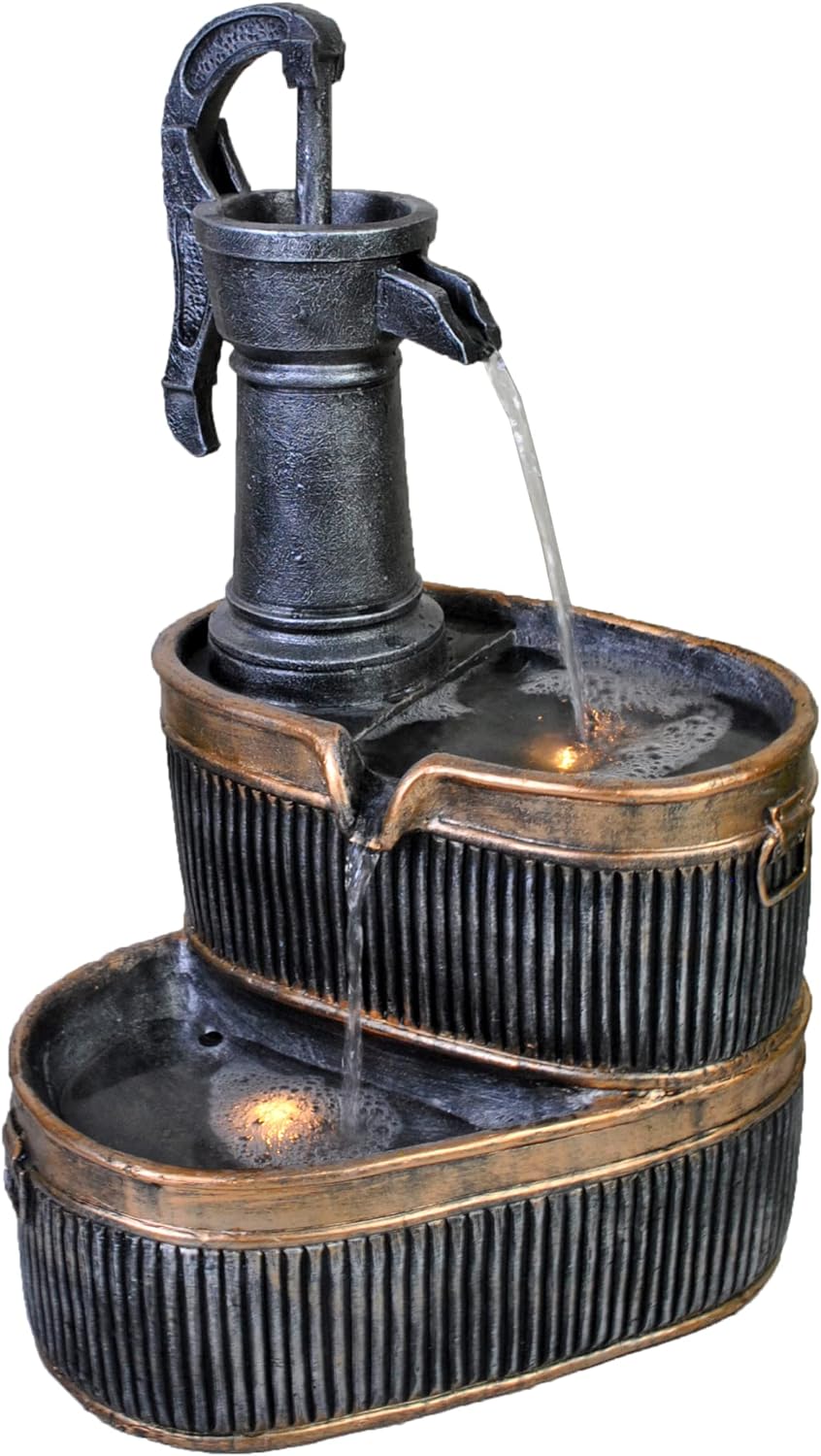 Wehmann Gartenbrunnen Cornwall Terrassenbrunnen mit Beleuchtung, Altmessing / Schwarz