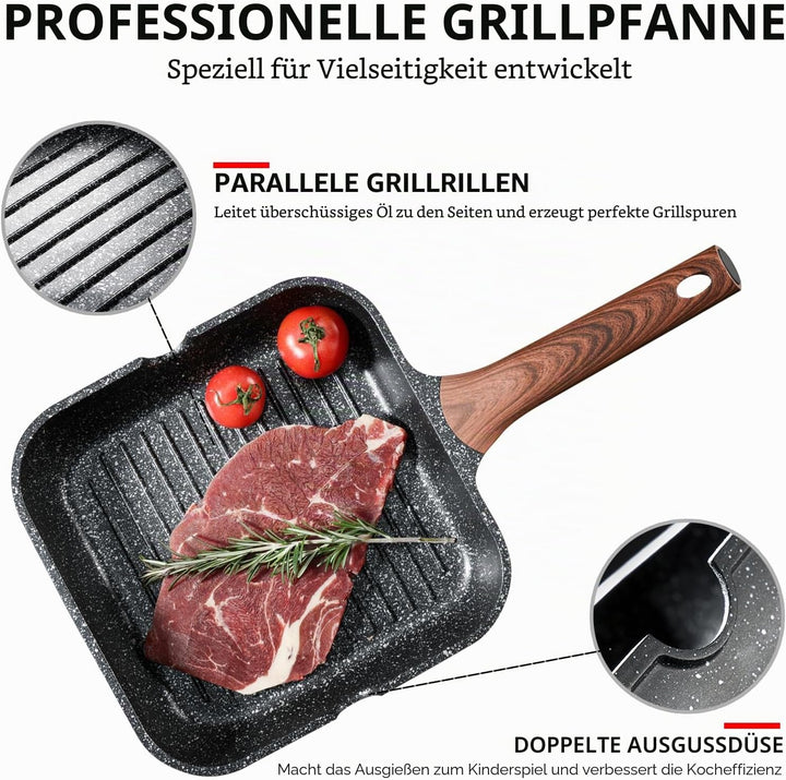 Kordisen Antihaft-Grillpfanne, 28 cm quadratische Pfanne für Induktion, Granitbeschichtung, Ausgiess