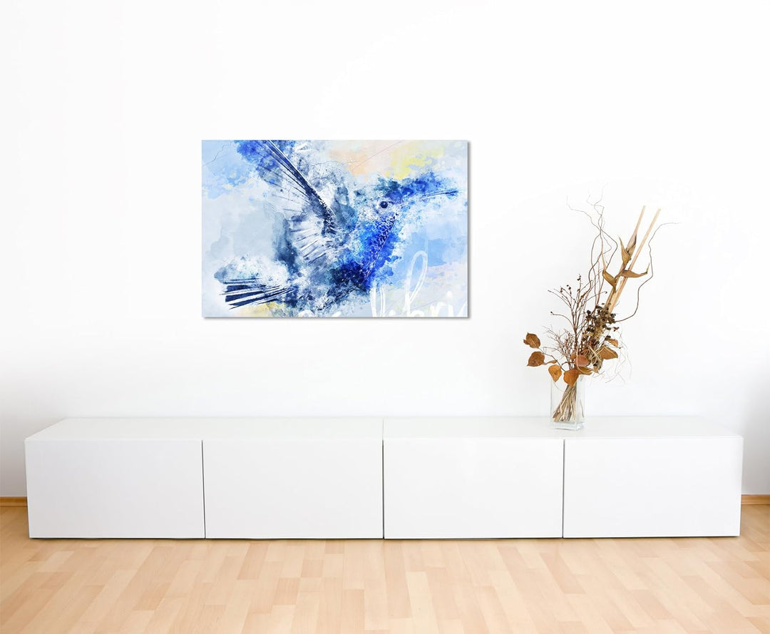 Paul Sinus Art Bild Leinwand 120x80cm Eleganter Kolibri im Flug in Blautönen mit Kalligraphie, 120x8