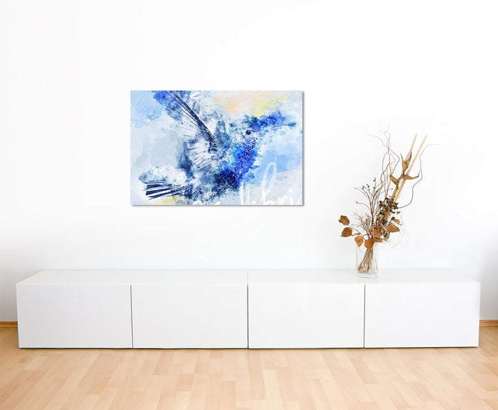 Paul Sinus Art Bild Leinwand 120x80cm Eleganter Kolibri im Flug in Blautönen mit Kalligraphie, 120x8