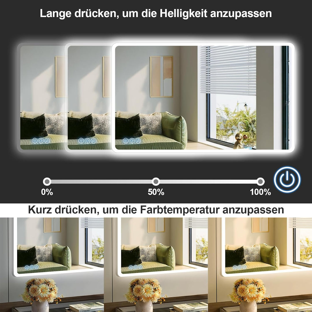 Badspiegel mit Beleuchtung 100x60cm, Badezimmerspiegel Wandspiegel und Touch-Schalter, IP65-Led-Spie