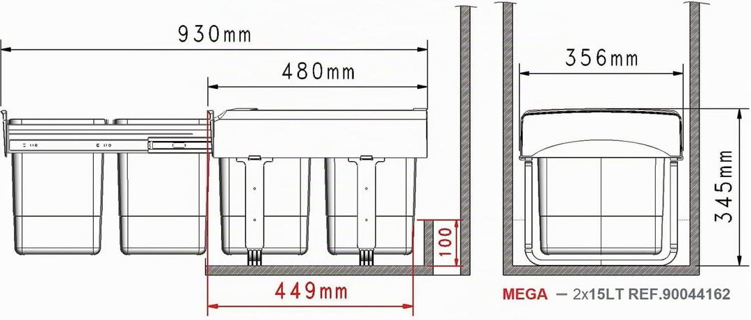 EKOTECH Einbau-Abfallsammler Mega 40 2 x 15 Liter Kunststoff Grau