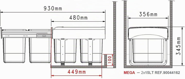 EKOTECH Einbau-Abfallsammler Mega 40 2 x 15 Liter Kunststoff Grau