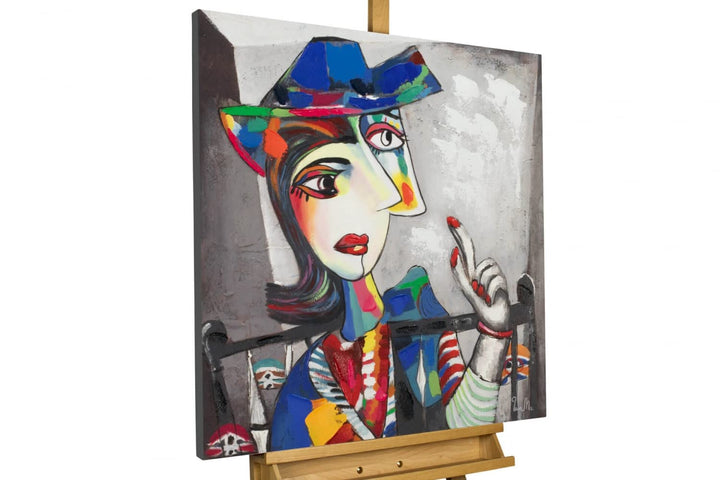 KunstLoft Leinwandbild | 100% HANDGEMALT | 80x80cm | Gemälde 'Double Life' | Frau | Bunt Grau | Wand