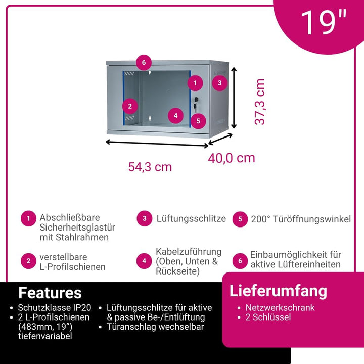 Netzwerkschrank 19 Zoll 7 HE I 400 mm Tiefe I Serverschrank Grau I Wandmontage I abschliessbare Glas
