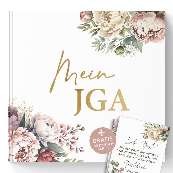 Mein JGA Erinnerungsbuch - Gästebuch für Glückwünsche und Fotos - Hardcover mit Pfingstrosen-Design