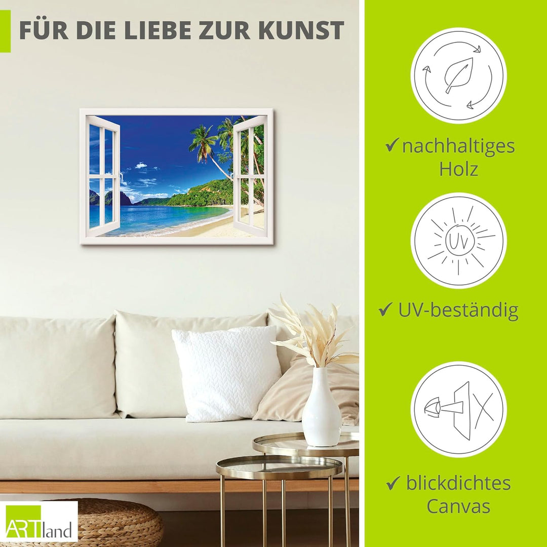 ARTland Leinwandbilder Wandbild Bild Leinwand 70x50 cm Fensterblick Karibik Südsee Strand Meer Insel