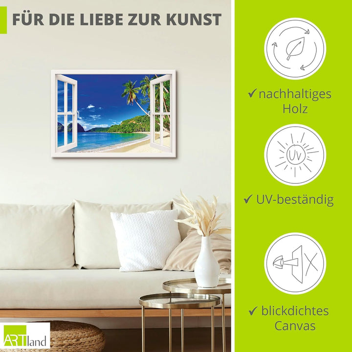 ARTland Leinwandbilder Wandbild Bild Leinwand 70x50 cm Fensterblick Karibik Südsee Strand Meer Insel
