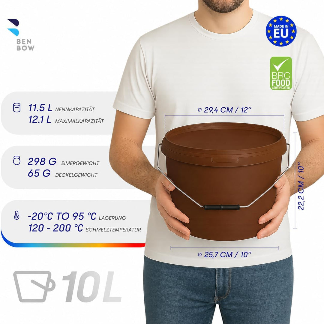 BenBow Eimer mit Deckel 10l braun 20x 10 Liter - lebensmittelecht, stabil, luftdicht, auslaufsicher,