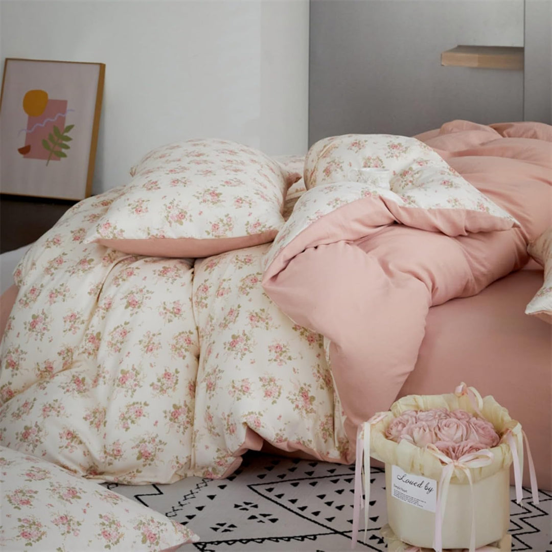 Freyamy Blumen Bettwäsche 135x200cm 2teilig Beige Rosa Grün Floral Mädchen Bettwaren-Sets Microfaser